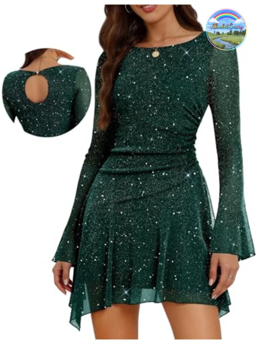 Sparkly Sequin Cocktail Mini Dress Crew Neck Bell Sleeves Ruched